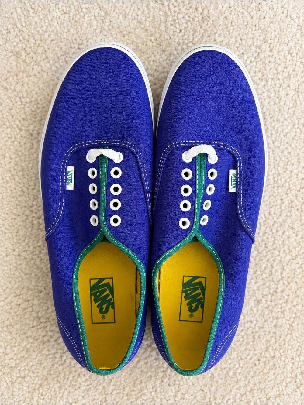 Vans Blue Canvas Sneakers with Green Trim and Yellow Insole